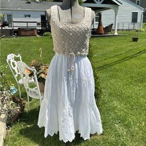 Anthropologie White Eyelet Dress With Crocheted Top Sz S EUC Lovely
